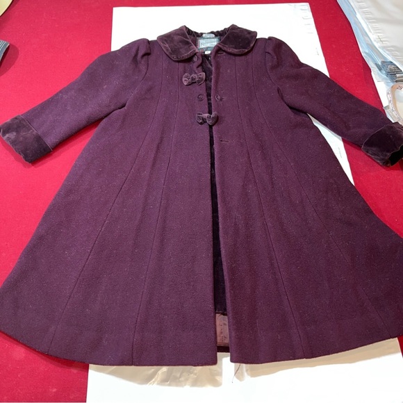 ROTHSCHILD 6 girls rich burgundy plum WOOL COAT formal VELVET TRIM BOW BUTTONS 6 - Picture 15 of 16